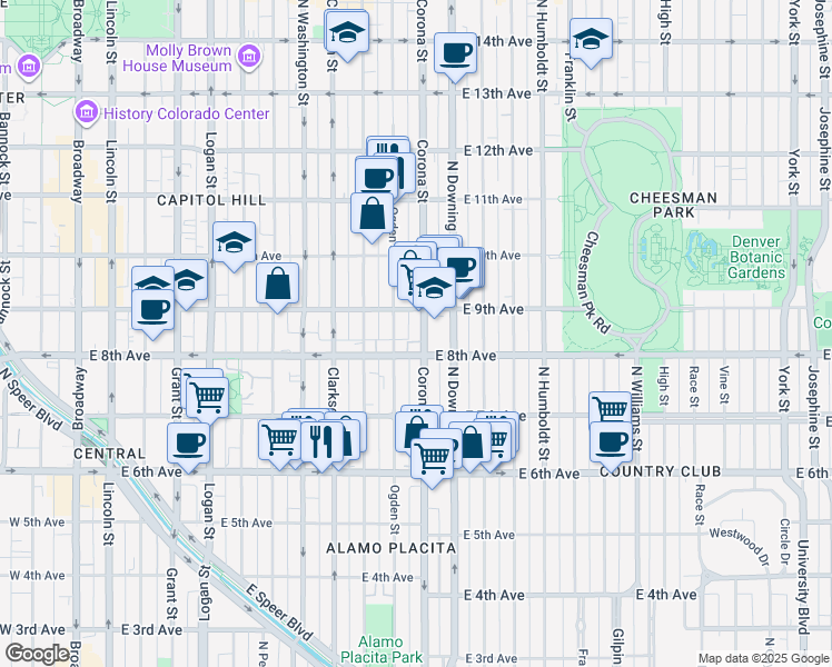 map of restaurants, bars, coffee shops, grocery stores, and more near 821 Corona Street in Denver