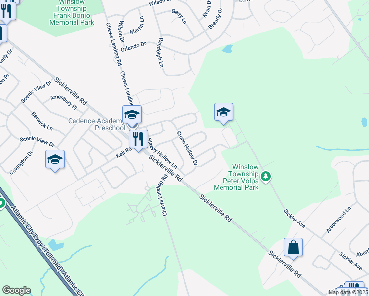 map of restaurants, bars, coffee shops, grocery stores, and more near 16 Hidden Hollow Lane in Sicklerville