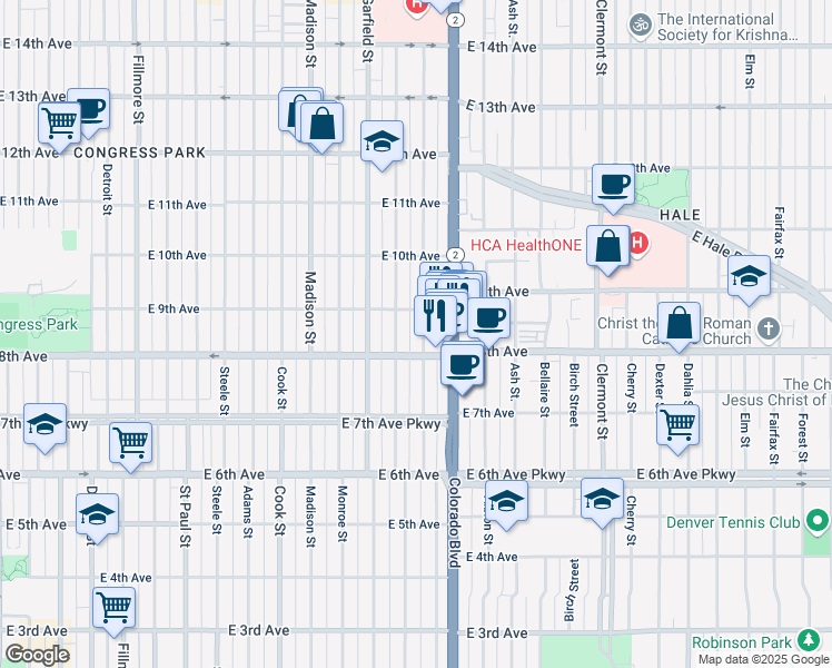 map of restaurants, bars, coffee shops, grocery stores, and more near 864 Harrison Street in Denver