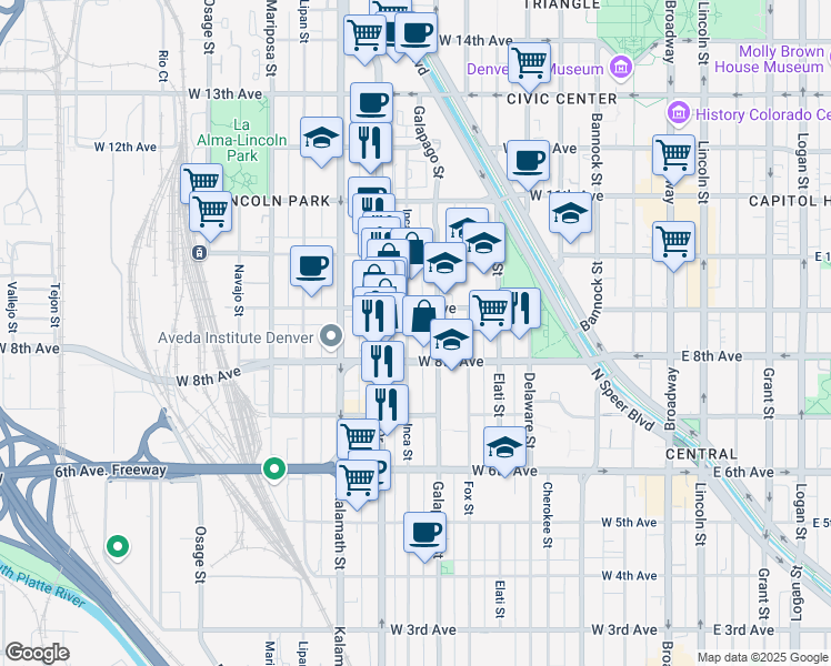 map of restaurants, bars, coffee shops, grocery stores, and more near 718 West 9th Avenue in Denver
