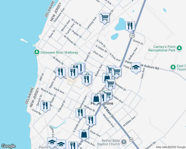 map of restaurants, bars, coffee shops, grocery stores, and more near 48 East Harmony Street in Penns Grove