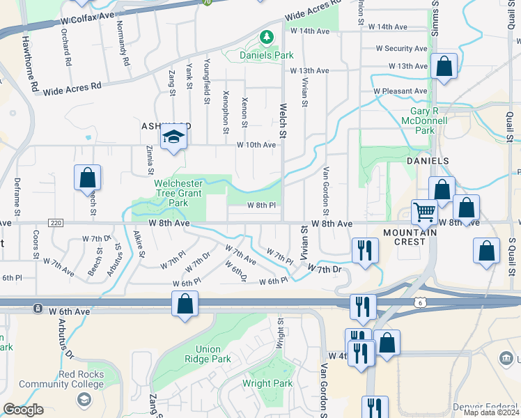 map of restaurants, bars, coffee shops, grocery stores, and more near 12526 West 8th Place in Golden