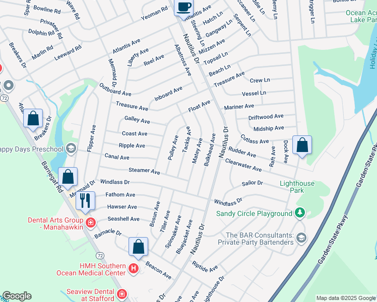 map of restaurants, bars, coffee shops, grocery stores, and more near 247 Tackle Avenue in Stafford Township