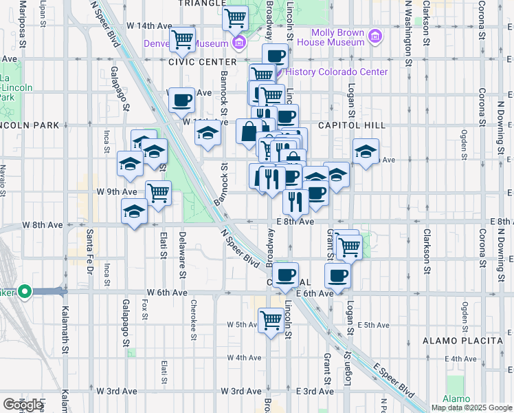 map of restaurants, bars, coffee shops, grocery stores, and more near 43 West 9th Avenue in Denver