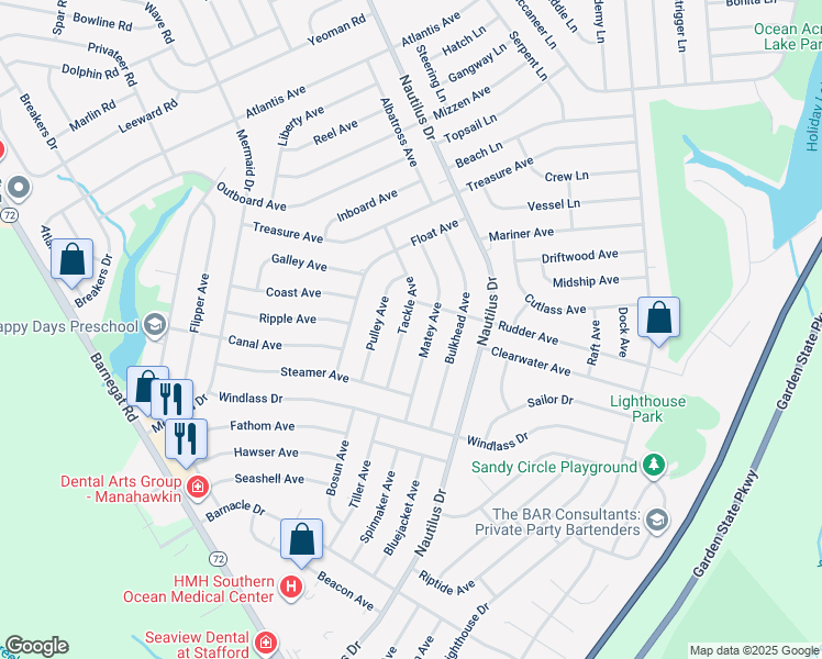 map of restaurants, bars, coffee shops, grocery stores, and more near 247 Tackle Avenue in Stafford Township