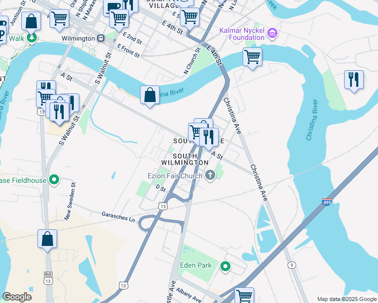 map of restaurants, bars, coffee shops, grocery stores, and more near 419 South Heald Street in Wilmington
