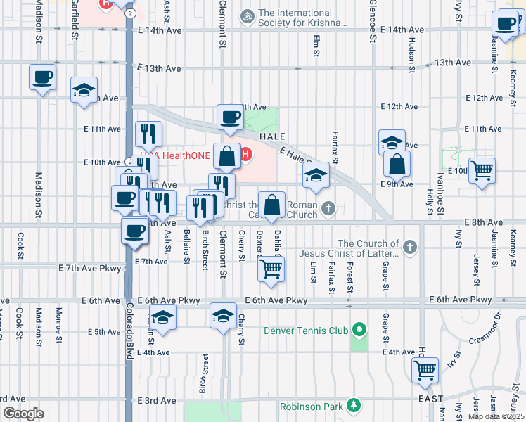 map of restaurants, bars, coffee shops, grocery stores, and more near 870 Dexter Street in Denver
