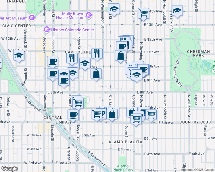 map of restaurants, bars, coffee shops, grocery stores, and more near 900 North Clarkson street in Denver
