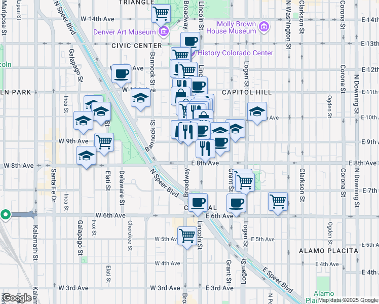 map of restaurants, bars, coffee shops, grocery stores, and more near 925 Lincoln Street in Denver