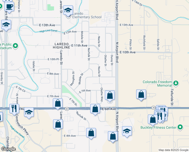 map of restaurants, bars, coffee shops, grocery stores, and more near 893 Nucla Street in Aurora