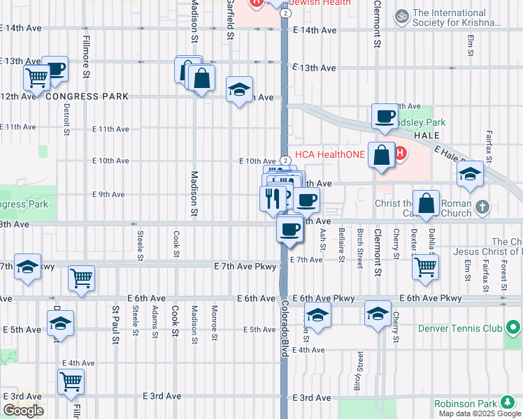 map of restaurants, bars, coffee shops, grocery stores, and more near 864 Harrison Street in Denver