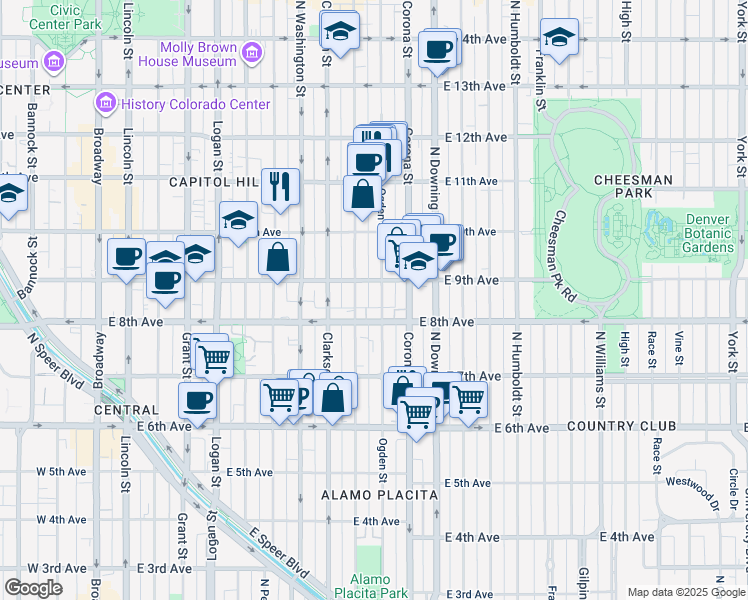 map of restaurants, bars, coffee shops, grocery stores, and more near in Denver