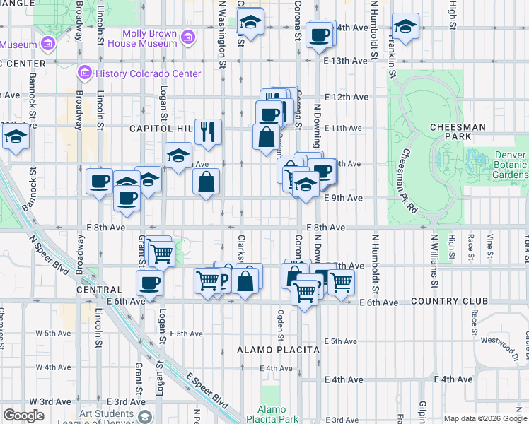map of restaurants, bars, coffee shops, grocery stores, and more near in Denver