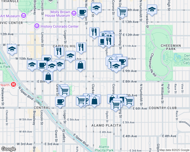 map of restaurants, bars, coffee shops, grocery stores, and more near 900 North Clarkson street in Denver
