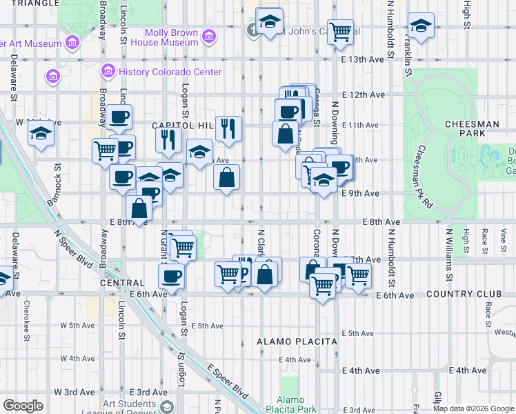 map of restaurants, bars, coffee shops, grocery stores, and more near 900 North Clarkson street in Denver