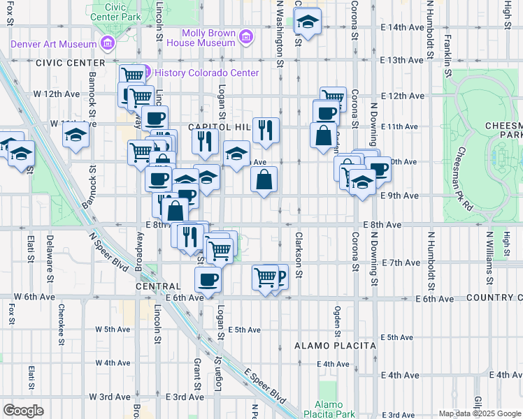 map of restaurants, bars, coffee shops, grocery stores, and more near 900 Pennsylvania Street in Denver