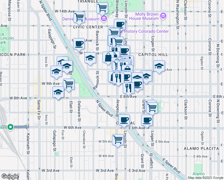 map of restaurants, bars, coffee shops, grocery stores, and more near 43 West 9th Avenue in Denver
