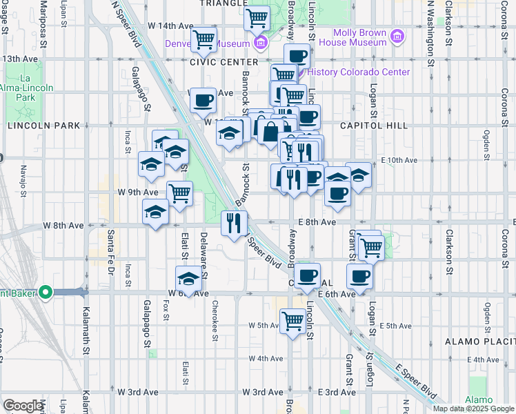 map of restaurants, bars, coffee shops, grocery stores, and more near 907 Acoma Street in Denver