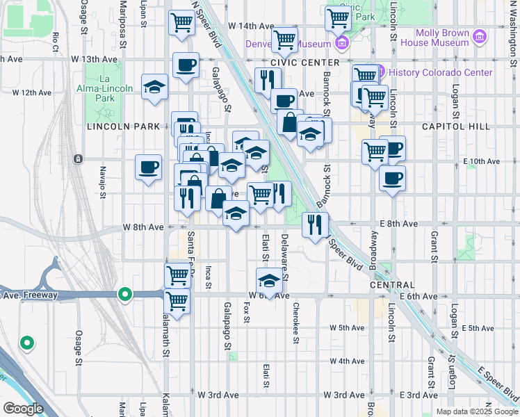 map of restaurants, bars, coffee shops, grocery stores, and more near in Denver