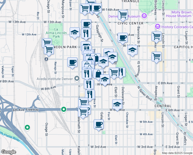 map of restaurants, bars, coffee shops, grocery stores, and more near 718 West 9th Avenue in Denver