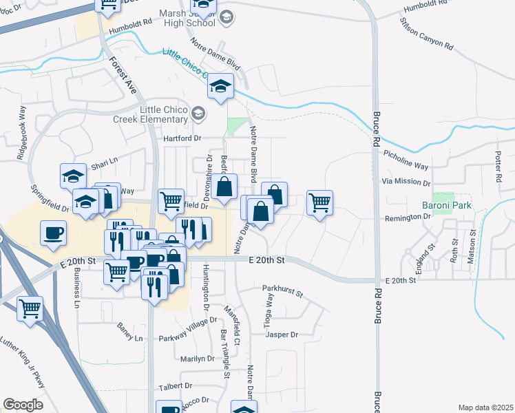 map of restaurants, bars, coffee shops, grocery stores, and more near 1888 Notre Dame Boulevard in Chico