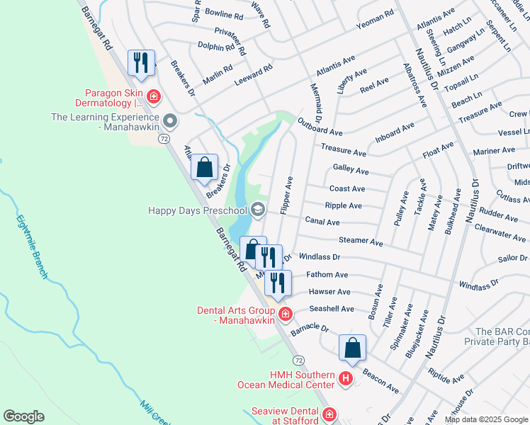 map of restaurants, bars, coffee shops, grocery stores, and more near 1465 Forecastle Avenue in Stafford Township