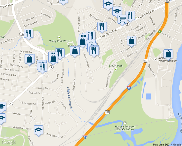 map of restaurants, bars, coffee shops, grocery stores, and more near 1698 Bonwood Drive in Wilmington