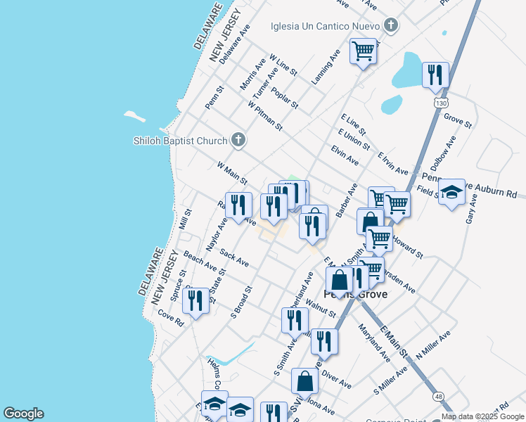 map of restaurants, bars, coffee shops, grocery stores, and more near 5 State Street in Penns Grove
