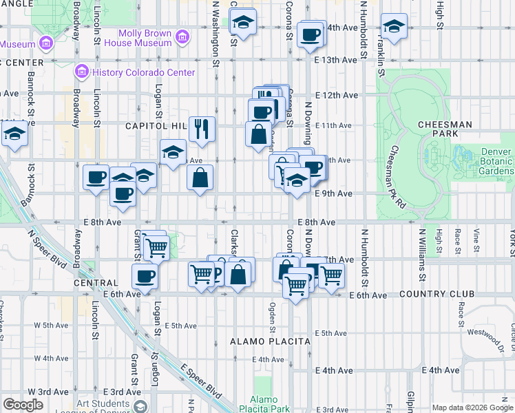map of restaurants, bars, coffee shops, grocery stores, and more near in Denver