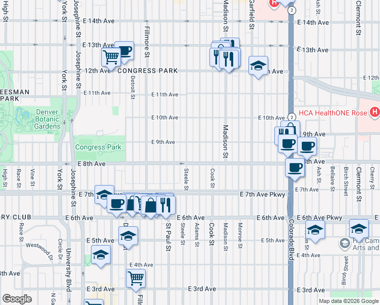 map of restaurants, bars, coffee shops, grocery stores, and more near 836 Steele Street in Denver