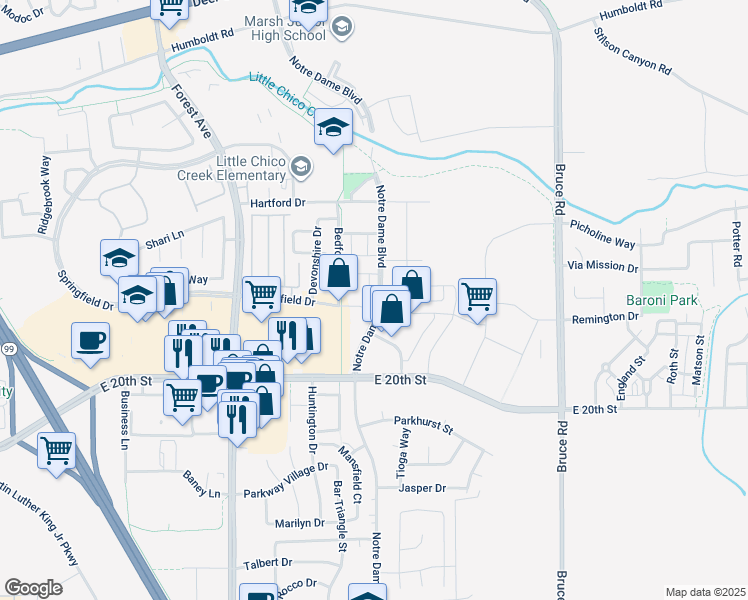 map of restaurants, bars, coffee shops, grocery stores, and more near 1878 Notre Dame Boulevard in Chico