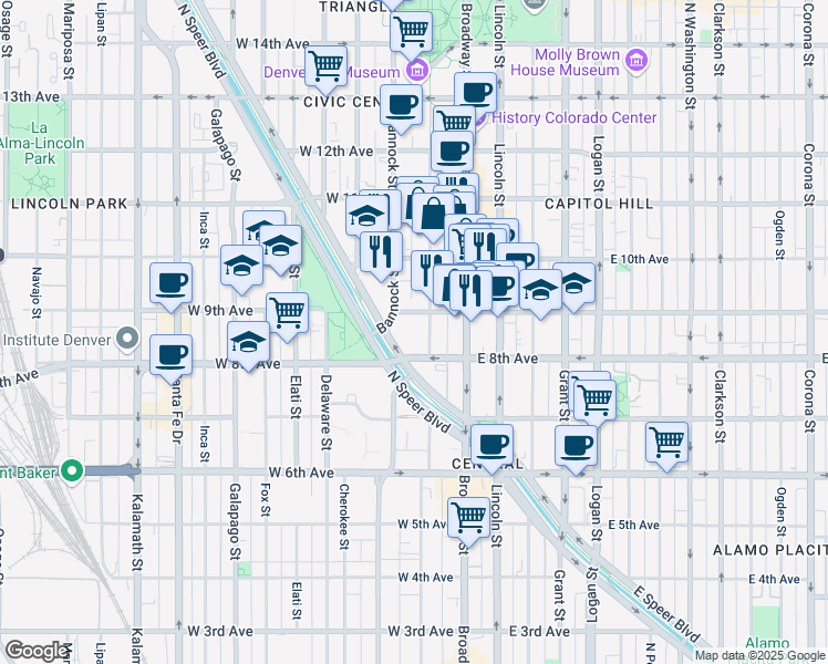 map of restaurants, bars, coffee shops, grocery stores, and more near 150 West 9th Avenue in Denver