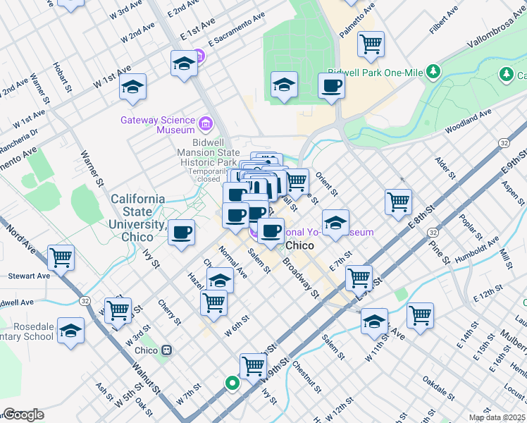 map of restaurants, bars, coffee shops, grocery stores, and more near 146 East 2nd Street in Chico