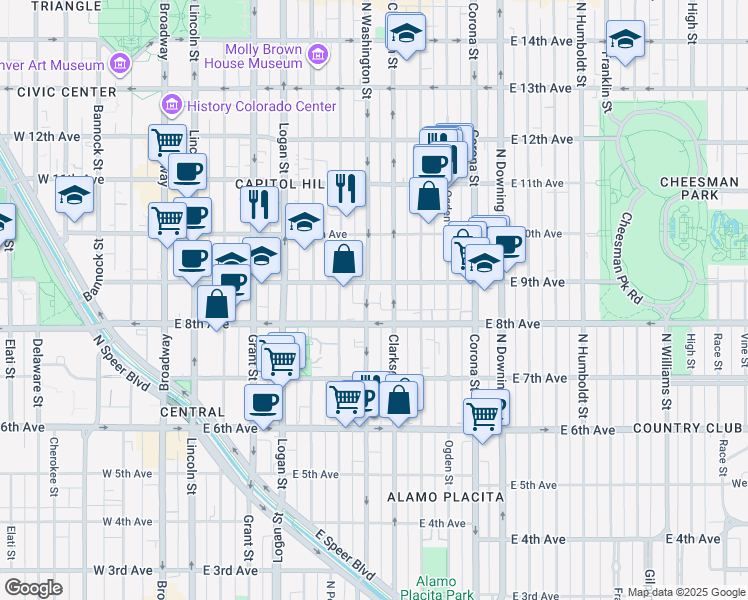 map of restaurants, bars, coffee shops, grocery stores, and more near 901 North Washington Street in Denver