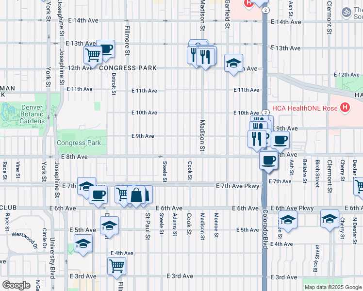 map of restaurants, bars, coffee shops, grocery stores, and more near 875 Cook Street in Denver