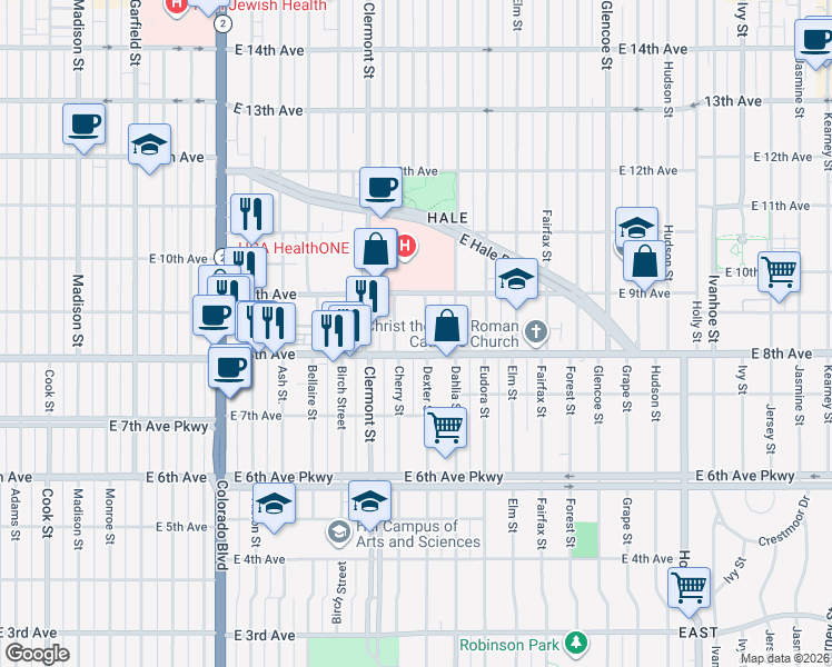 map of restaurants, bars, coffee shops, grocery stores, and more near 833 Dexter Street in Denver