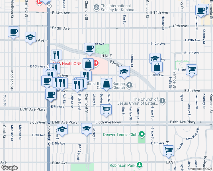 map of restaurants, bars, coffee shops, grocery stores, and more near 825 Dahlia Street in Denver
