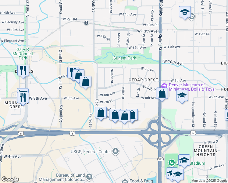 map of restaurants, bars, coffee shops, grocery stores, and more near 10470 West 8th Place in Lakewood