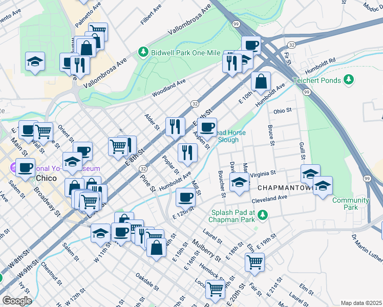 map of restaurants, bars, coffee shops, grocery stores, and more near 1016 Sycamore Street in Chico