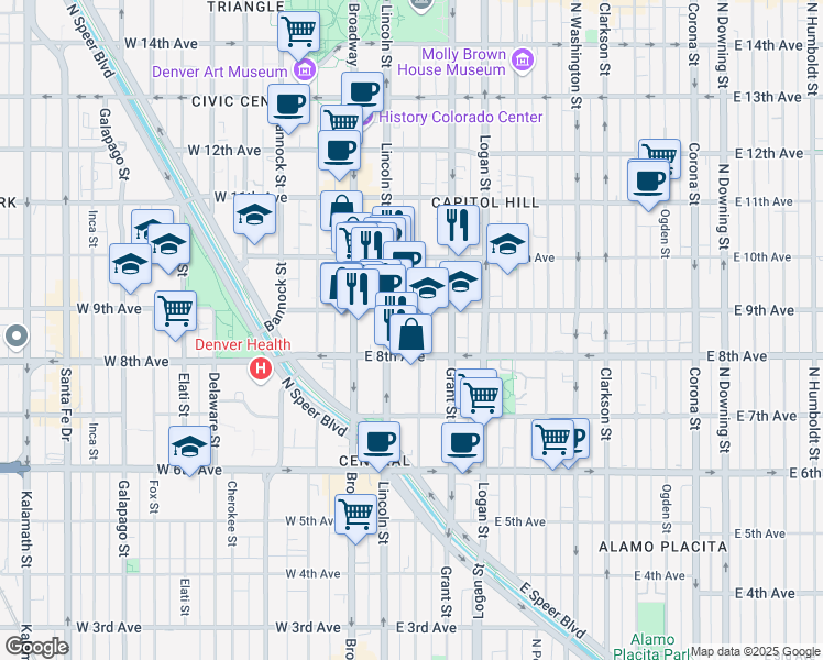 map of restaurants, bars, coffee shops, grocery stores, and more near 150-198 East 9th Avenue in Denver
