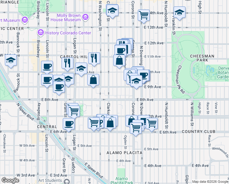 map of restaurants, bars, coffee shops, grocery stores, and more near 900 North Clarkson street in Denver