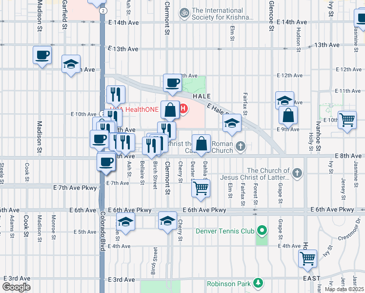 map of restaurants, bars, coffee shops, grocery stores, and more near 861 Cherry Street in Denver