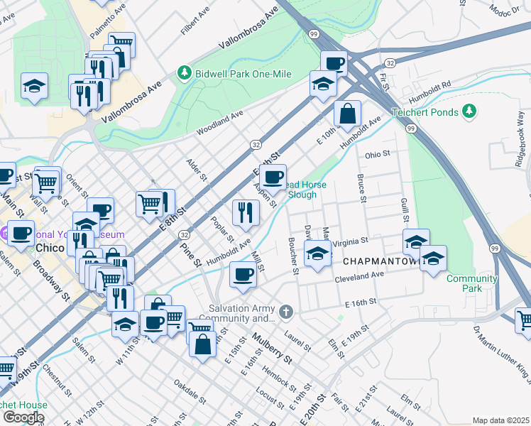 map of restaurants, bars, coffee shops, grocery stores, and more near 1062 Humboldt Avenue in Chico