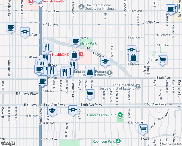 map of restaurants, bars, coffee shops, grocery stores, and more near 870 Dexter Street in Denver