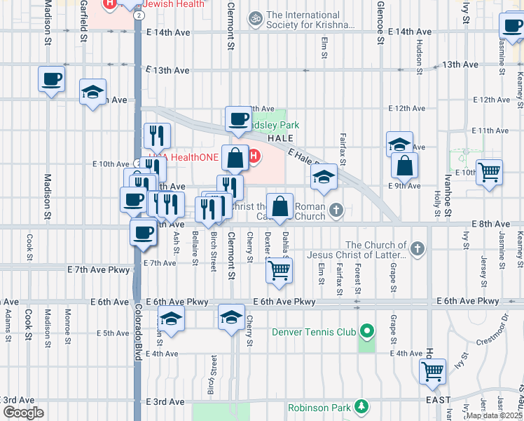map of restaurants, bars, coffee shops, grocery stores, and more near 870 Dexter Street in Denver
