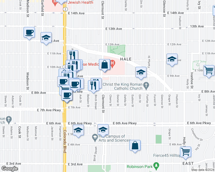 map of restaurants, bars, coffee shops, grocery stores, and more near 861 Cherry Street in Denver