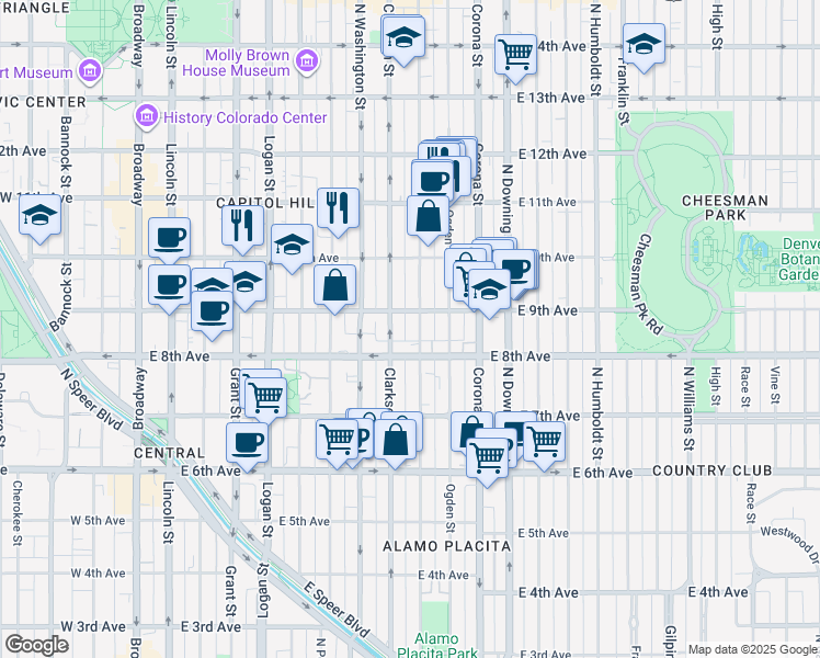 map of restaurants, bars, coffee shops, grocery stores, and more near 900 North Clarkson street in Denver