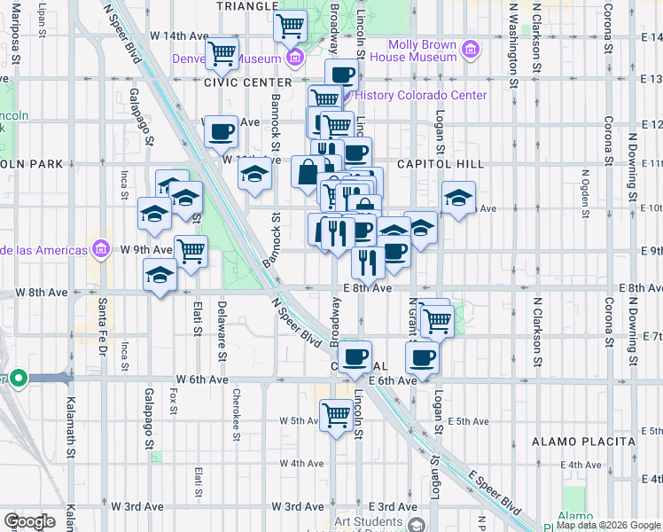 map of restaurants, bars, coffee shops, grocery stores, and more near 43 West 9th Avenue in Denver