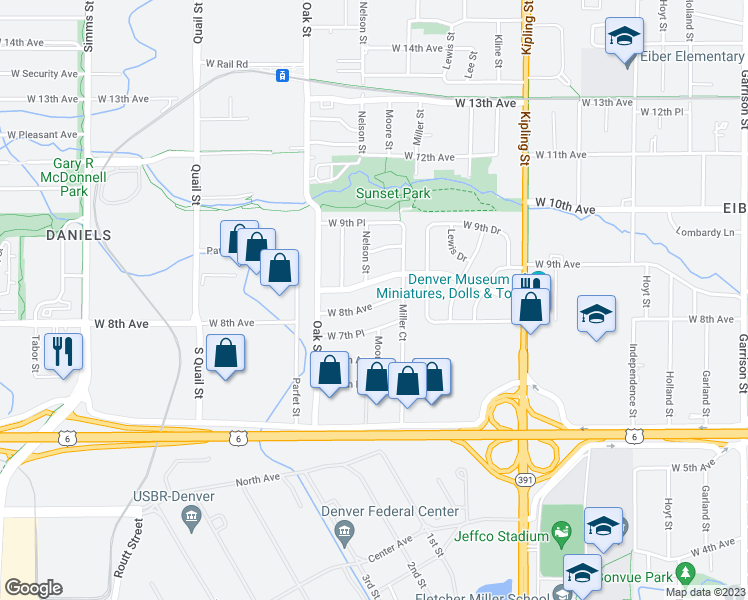 map of restaurants, bars, coffee shops, grocery stores, and more near 10470 West 8th Place in Lakewood