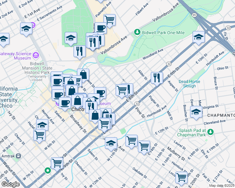 map of restaurants, bars, coffee shops, grocery stores, and more near 580 East 6th Street in Chico